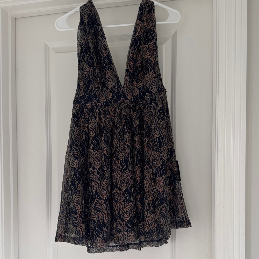 Lulu's Black and Pink Floral Lace Dress